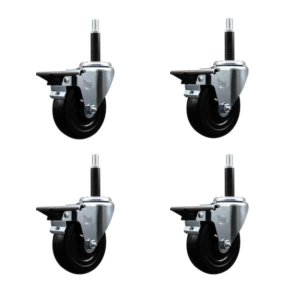 4'' Hard Rubber Swivel 3/4'' Expanding Stem Caster Set with Brake, 4PK